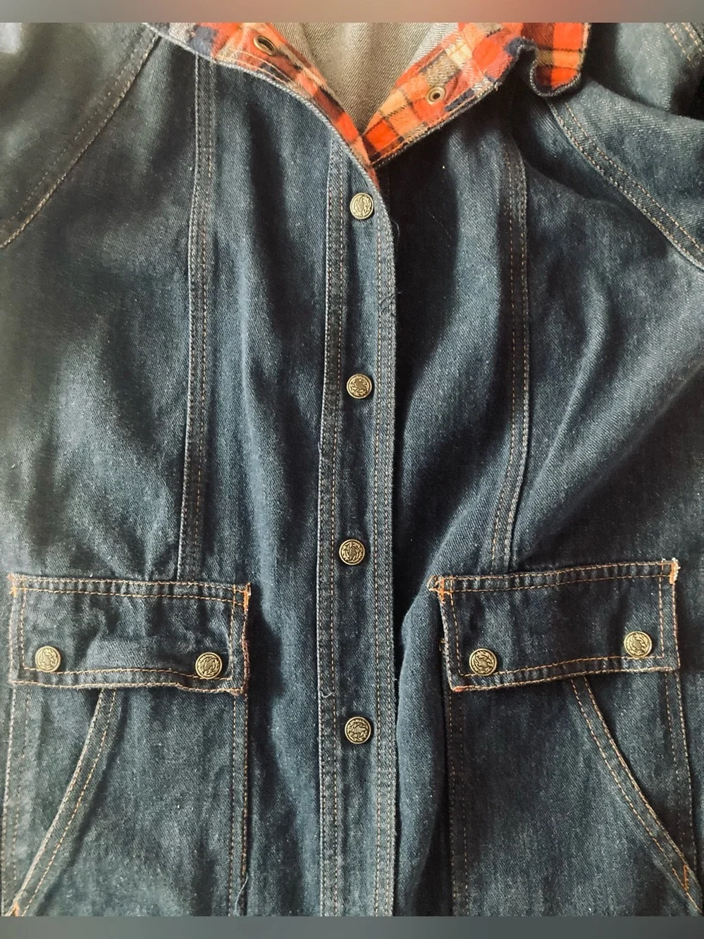VALLEY CO SZ L Women's Denim Jacket with Red Plaid Collar 100% cotton VINTAGE